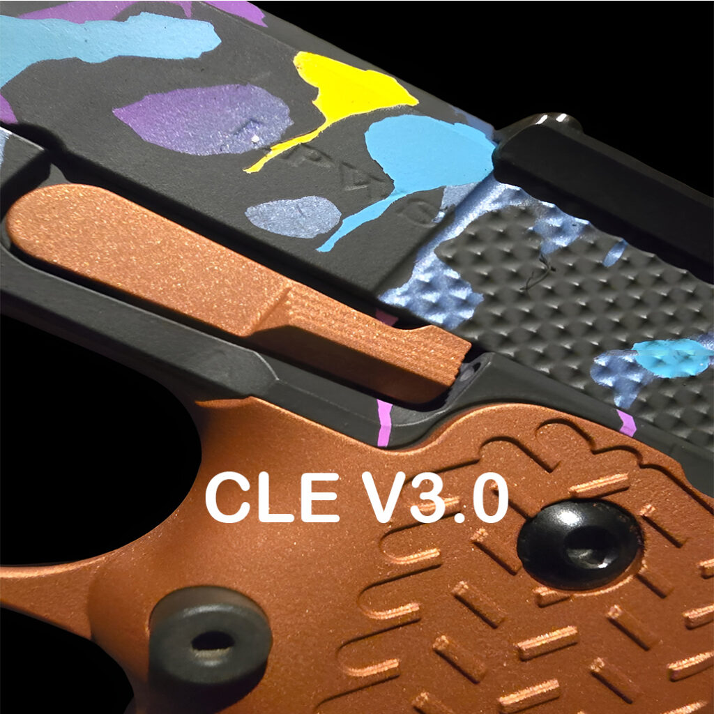 Close-up of a colorful firearm with a patterned design and the text 'CLE V3.0' prominently displayed.